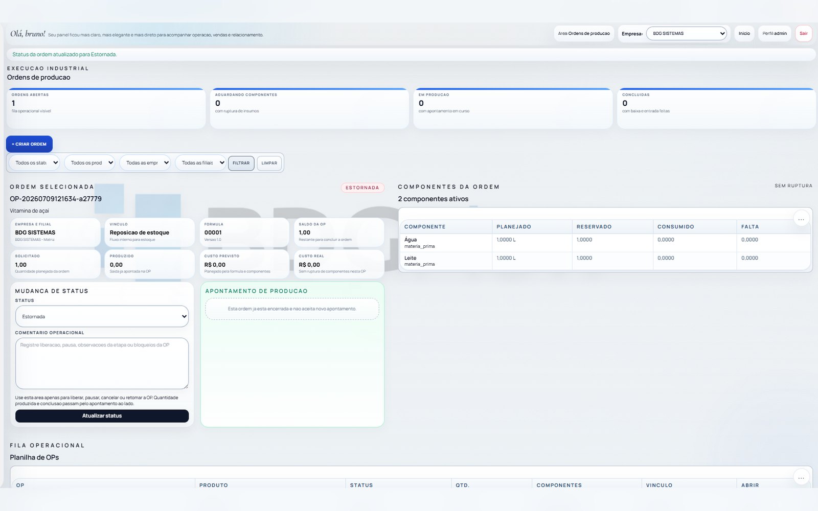 Ordens de produção no BDGFlow